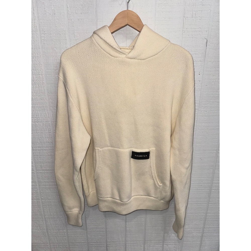 YoungLA Knit Hoodie Unisex Cream Cotton Streetwear Pullover 547 Large
